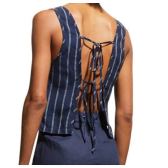 Onia Tank Top Womens Medium 100% Linen Navy Blue White Stripe Tie Open Back‎ - Picture 1 of 12